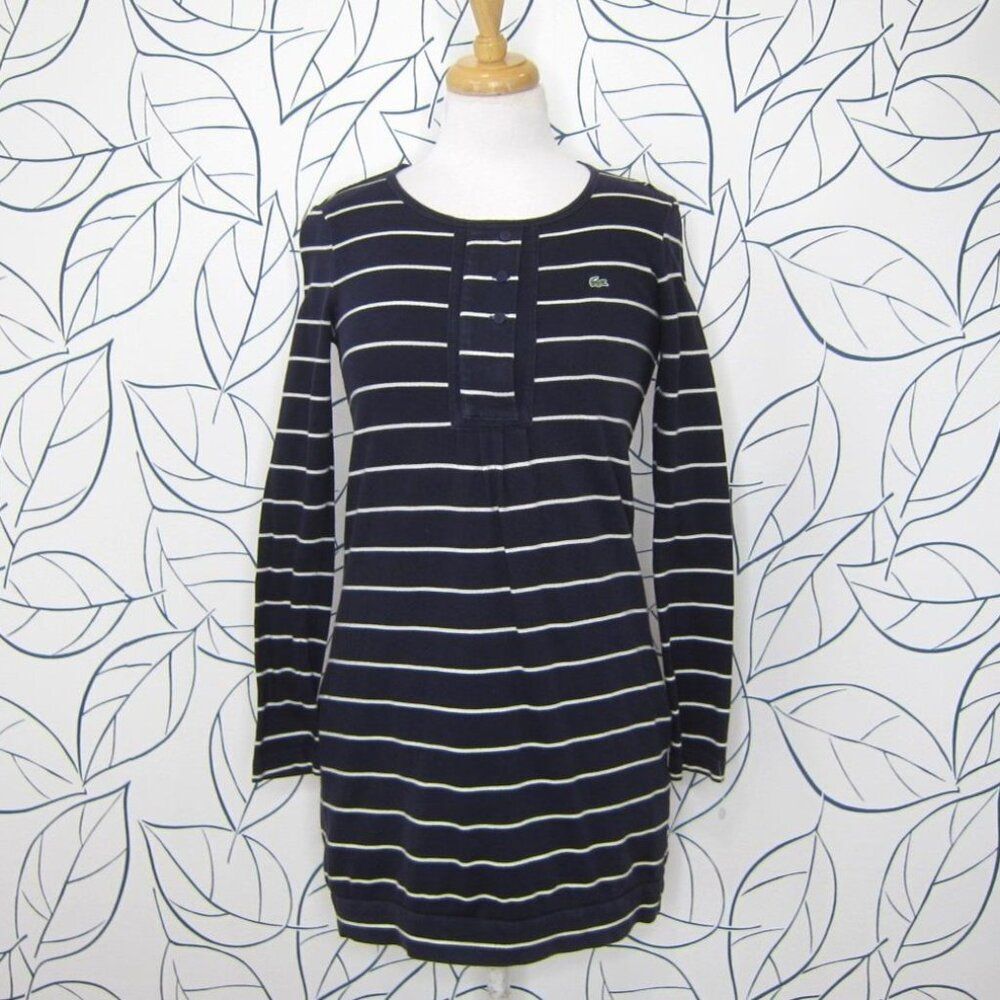 Lacoste Navy Blue Striped Long Sleeve Dress w/ Pockets Cotton Size 34